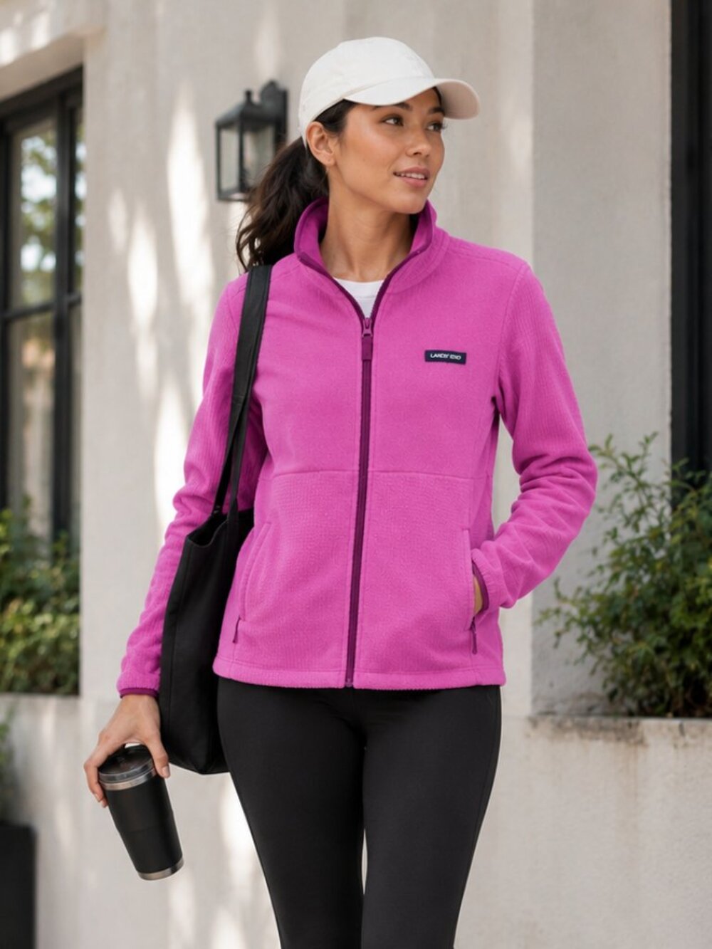 Lands' End Pink Full-Zip Grid Fleece Jacket Size Medium Athleisure Gorpcore
